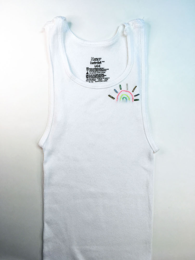 White Hanes Tank Top w/ Hand-Embroidered Rainbow + Embellishment